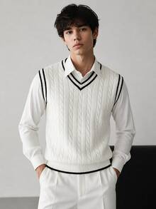 Men's Collegiate Style Casual Versatile Striped Contrast Color Knit Vest , Fall Winter - White - View 7