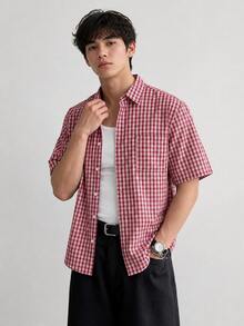 Men's Plaid Shirt, Loose Fit, Red & White Checkered Shirt, Retro Aesthetic Plaid Top,  Summer Item - Multicolor - View 1