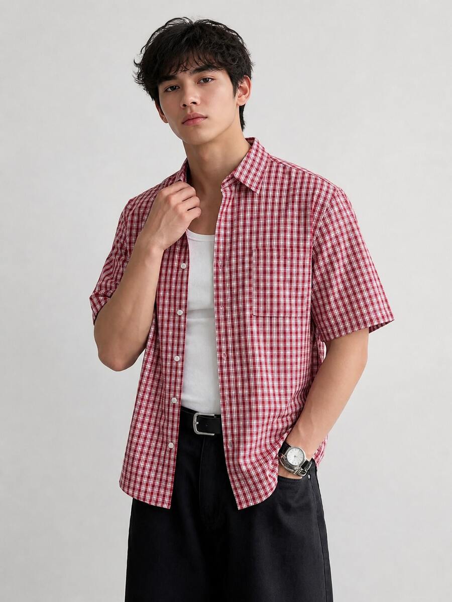 Men's Plaid Shirt, Loose Fit, Red & White Checkered Shirt, Retro Aesthetic Plaid Top,  Summer Item - Multicolor - View 1