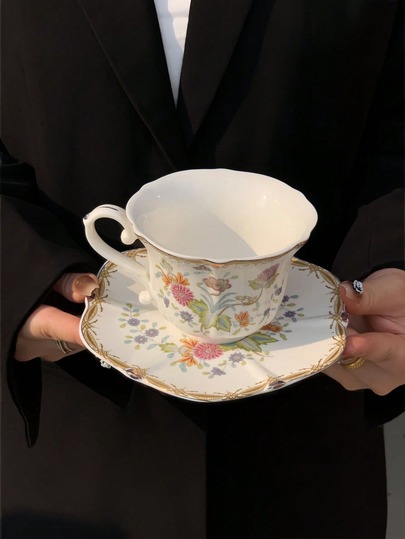 1 Set, goldrandiges Sonnenblumen-Keramik-Tasse- und Untertassen-Set, britische hochwertige Nachmittagstee-Tasse und Untertasse, Frühstücks-Milch-Tasse und Untertasse, Kaffee-Latte-Tasse und Untertasse, Geschenk-Geschirr für Freunde, geeignet für Zuhause, Restaurant, Café, Dessertladen, Geschenk, Zusammenkunft, Party