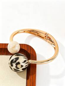 Leopard Print Resin Multicolor Fashion Double Ball Open Spring Gold Alloy Bracelet, Easy To Wear Personalized Decorative Bracelet, High Street Colorful Ball Ornament Clothing Accessory, Exquisite Stackable Accessory - Double Ball - View 12