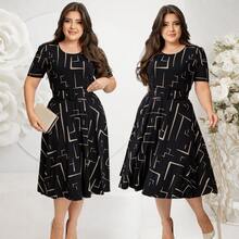 GODÊ MIDI DRESS WITH FULL SKIRT WITH BELT AND GEOMETRIC PRINT - Black - View 1