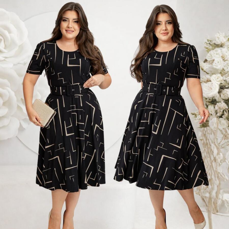GODÊ MIDI DRESS WITH FULL SKIRT WITH BELT AND GEOMETRIC PRINT - Black - View 1