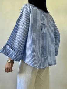 Women's Striped Drop Shoulder Button-Up Shirt, Wrist Length Sleeves, Woven Fabric, Regular Length Fashion Top, Perfect For Casual Outings Vacation - Blue - View 1