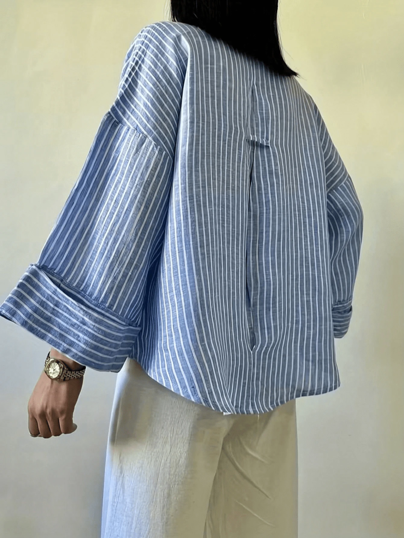 Women's Striped Drop Shoulder Button-Up Shirt, Wrist Length Sleeves, Woven Fabric, Regular Length Fashion Top, Perfect For Casual Outings Vacation - Blue - View 1