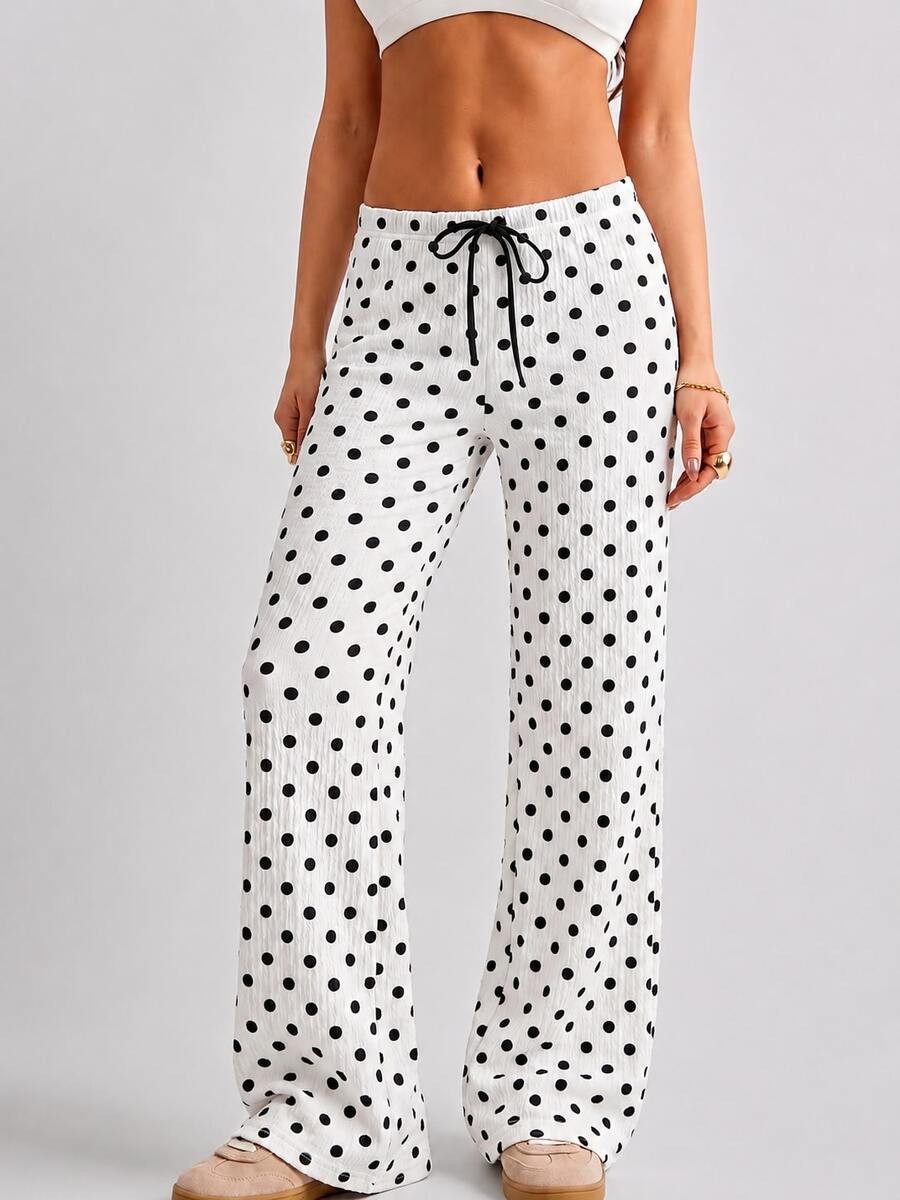 Women Polka Dot Drawstring Waist Crinkle Wide Leg Pants - Black and White - View 1