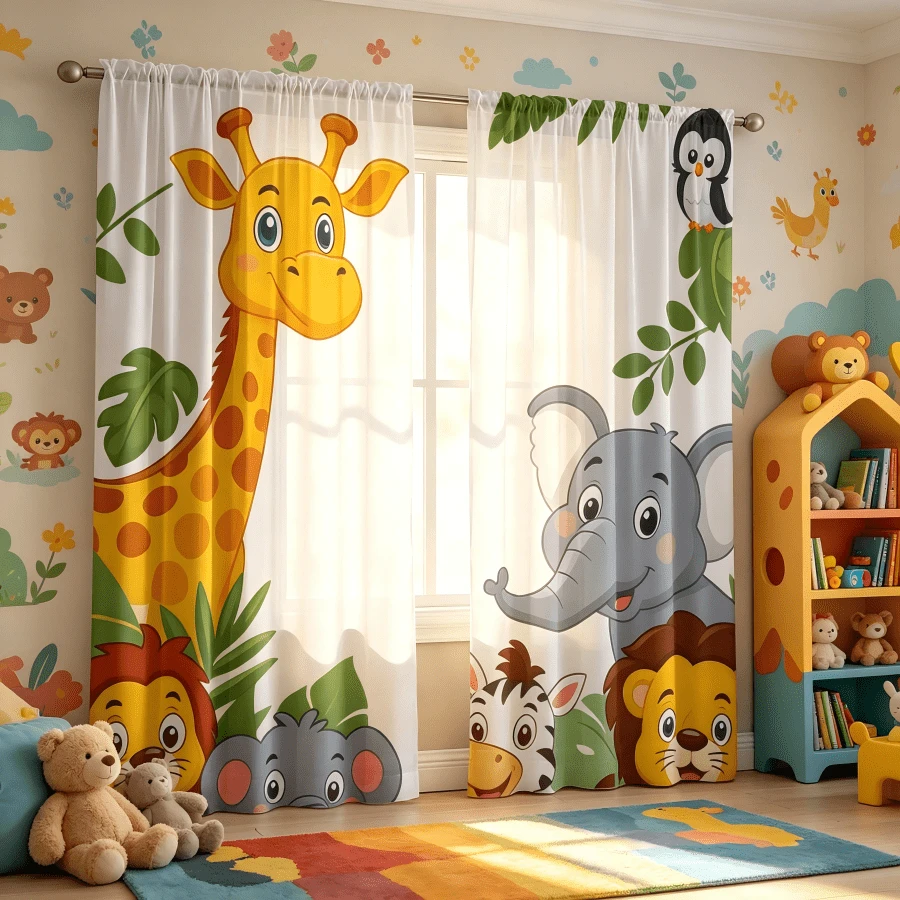 2 Stück Cartoon Dschungel Tier Grünpflanzen transparente Vorhänge, Muster mit Cartoon tropischen Blättern, Löwe, Elefant und Giraffen Mustern, 2D flacher Muster, lichtdurchlässig, Stangendurchzug Stil, ohne Futter, Sommer Fensterdekoration, Wohnzimmer Schlafzimmer Fensterdekoration, nur transparente Vorhänge, Zubehör nicht enthalten - Verschiedenfarbig - Übersicht 1