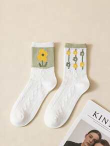 5 Pairs Women's Yellow Floral Jacquard Mid-Calf Socks, Mixed Color Botanical Pattern Texture, Casual Everyday Wear Socks - Multicolor - View 4