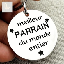 Llavero redondo de acero inoxidable con cita en francés "Meilleur Parrain", grabado de estrella no personalizado, colgante para llaves de coche y mochila, regalo sentimental para padrino, perfecto para bautizo, crismación, cumpleaños, Navidad y Día del Padre, accesorio religioso de recuerdo familiar - A - Ver 3