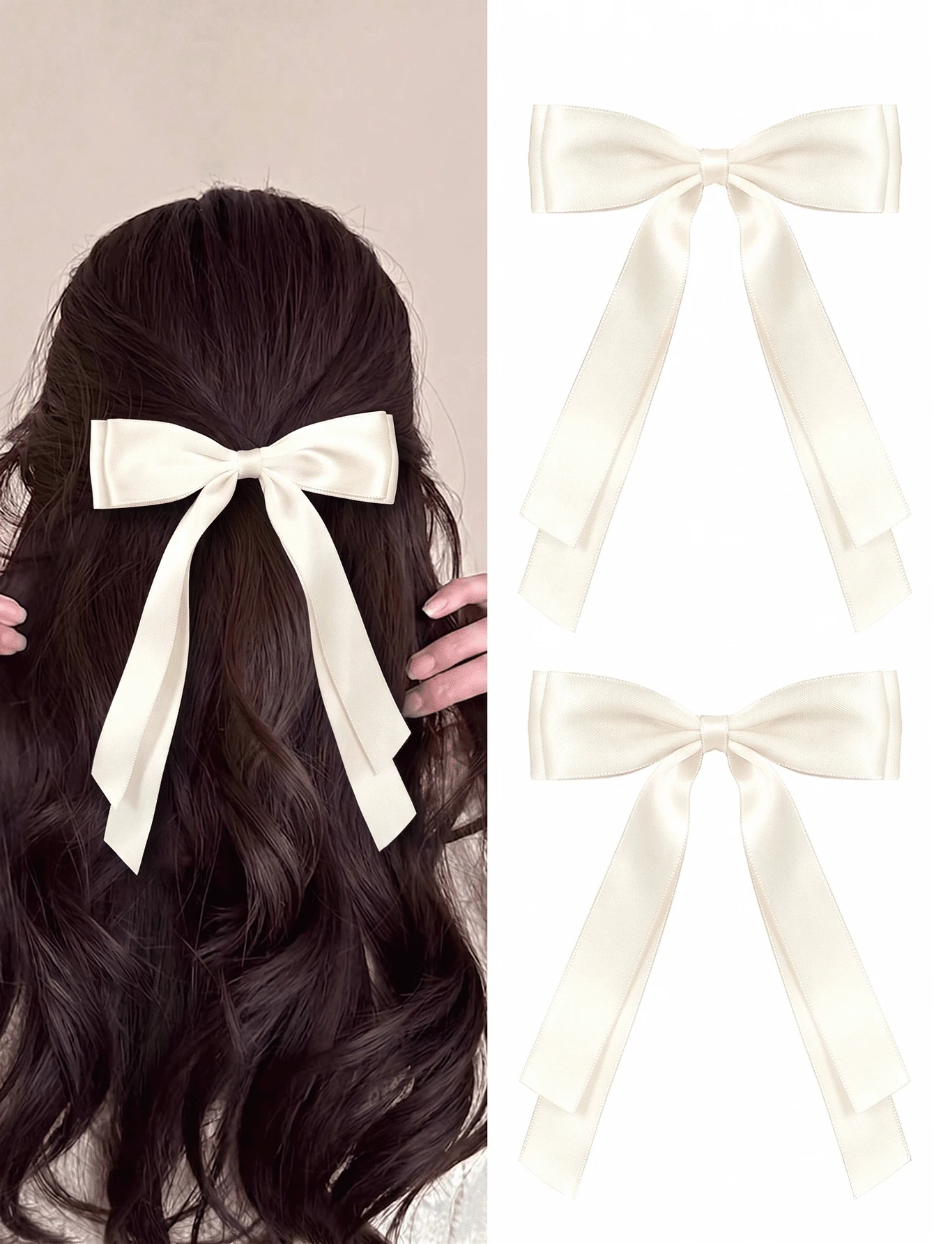 1/2pcs Ivory White Soft Satin Hair Clips, Double Layer Satin Ribbon Bow Hair Clips For Women And Girls, Elegant Sweet Style Hair Accessories, Holiday Autumn Y2K Autumn Outfit - Beige - View 1