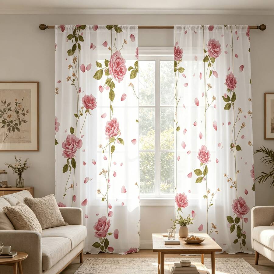 2pcs Pink Rose Sheer Curtains, Featuring Pink Roses And Green Vines, Petal-Shaped Pattern, 2D Flat Print, Semi-Transparent, Suitable For Living Room/Bedroom, Comes With Rod Pocket Design For Romantic Style. - Multicolor - View 1