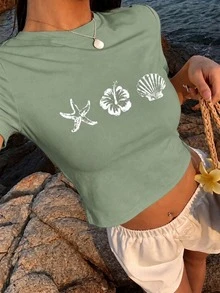 夏季母親節新款時尚百搭極簡休閒貝殼與海星海灘度假印花圓領短袖女款T恤 - 薄荷綠 - 查看 2