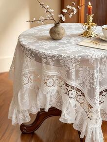 1pc Lace Embroidered Tablecloth, Scalloped Edge Decor, Polyester Fabric, Embroidered Floral Pattern Tablecloth, Rectangular Square Tablecloth, Suitable For Dining Room Living Room Tabletop Decoration - White - View 6