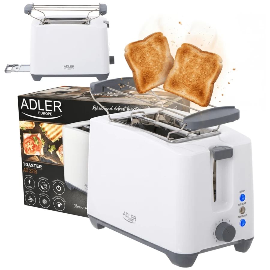 ADLER AD 3216 2-Slice Toaster 1000W, Electric Bread Toaster With 7 Browning Levels, Defrost, Reheat And Stop Functions, Bun Warmer Rack, Automatic Toast Ejection, Cool-Touch Housing, Removable Crumb Tray, Anti-Slip Feet And Cord Storage - EU E Type Plug(220-240V) - View 1