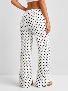 Women Polka Dot Drawstring Waist Crinkle Wide Leg Pants - 黑與白 - 查看 3