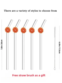 1pc/2pcs/5pcs Reusable Glass Straws With Cute Orange Slice Decor, Fresh Aesthetic Transparent Drinking Straws, Suitable For Cold Drinks, Milkshakes, Sparkling Water, Milk Tea And Juices, Perfect For Summer Parties, Picnics And Camping, Great Gift For Girls - Style G - View 9