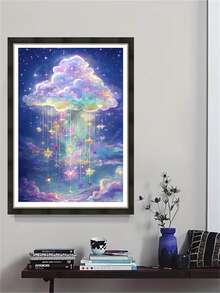 1件夢幻星空與雲朵鑽石畫套件,DIY手工水鑽裝飾牆面藝術,適用臥室、客廳、玄關,奢華風格,創意成人手工藝,附全鑽工具組 - 圓鑽 - 查看 4