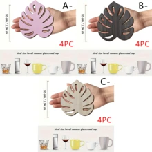 4pcs/Set Monstera Leaf Wood Coasters, Heat-Insulating And Non-Slip To Protect Tabletops, Home, Kitchen, And Dining Table Decorations, Bohemian Style Drink Mats. - Multicolor - View 3