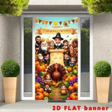 2D Flag - Thanksgiving Theme Banner Background, Featuring Elements Such As Turkeys, Pumpkins, Sunflowers, Harvest Fruits And Puritan Figures, No Power Supply Required - 1 - View 3