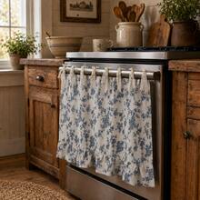 1pc Vintage Blue Floral Oven Curtain, 100% Polyester Fabric With Lace Tie Top And Ruffle Hem, Short Kitchen Tier Curtain, Oil-Resistant Decorative Cover, Suitable For Stove Oven, Open Cabinets And Small Windows, French Country Home Decor - Blue - View 6