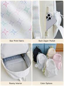 1 Set Mochila con Estampado de Estrellas Colorido en Todo el Body, Cremallera Trasera Antirrobo, Impermeable, Gran Capacidad con Colgante Lindo, Mochila Escolar Estilo Europeo y Americano para Temporada de Regreso a Clases, Desplazamiento, Viajes, Mochila Versátil - Multicolor - Ver 7