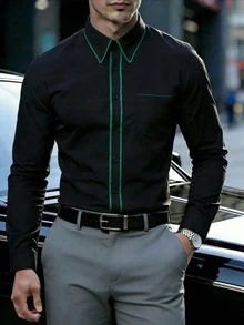 Men's Business Casual Contrast Placket Long Sleeve Shirt - Black - View 5