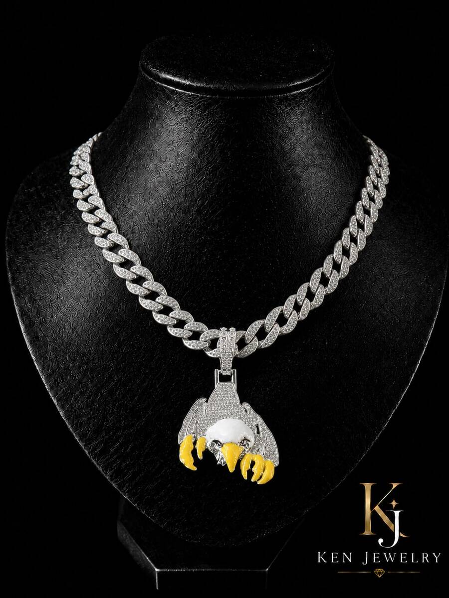 Men's Hip-Hop Style Rhinestone Eagle Necklace, Full Rhinestone Cuban Chain With Enamel Claw Decoration, Rap Accessory