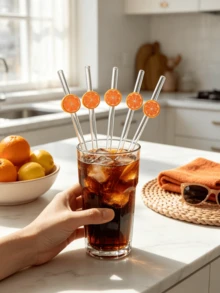 1pc/2pcs/5pcs Reusable Glass Straws With Cute Orange Slice Decor, Fresh Aesthetic Transparent Drinking Straws, Suitable For Cold Drinks, Milkshakes, Sparkling Water, Milk Tea And Juices, Perfect For Summer Parties, Picnics And Camping, Great Gift For Girls - Style G - View 4