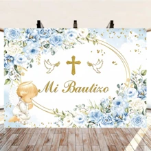 1 pièce Toile de fond de baptême à motif floral bleu, avec anneau doré et design floral bleu, convient pour le baptême, l'anniversaire, la fête de cadeaux, les événements religieux, la bannière de fête, la décoration de fête d'anniversaire, la décoration de table de gâteau de baptême, le fond de photographie - A - Voir 5