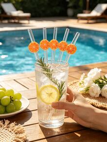 1pc/2pcs/5pcs Reusable Glass Straws With Cute Orange Slice Decor, Fresh Aesthetic Transparent Drinking Straws, Suitable For Cold Drinks, Milkshakes, Sparkling Water, Milk Tea And Juices, Perfect For Summer Parties, Picnics And Camping, Great Gift For Girls - Style G - View 5