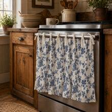 1pc Vintage Blue Floral Oven Curtain, 100% Polyester Fabric With Lace Tie Top And Ruffle Hem, Short Kitchen Tier Curtain, Oil-Resistant Decorative Cover, Suitable For Stove Oven, Open Cabinets And Small Windows, French Country Home Decor - Blue - View 4