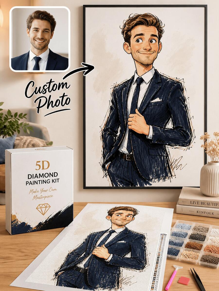 Customized Photo 5D Diamond Painting Kit, Personalized Sketch Cartoon Portrait DIY Wall Decor, Full Square/Round Rhinestone Embroidery, Handmade Birthday Christmas Gift