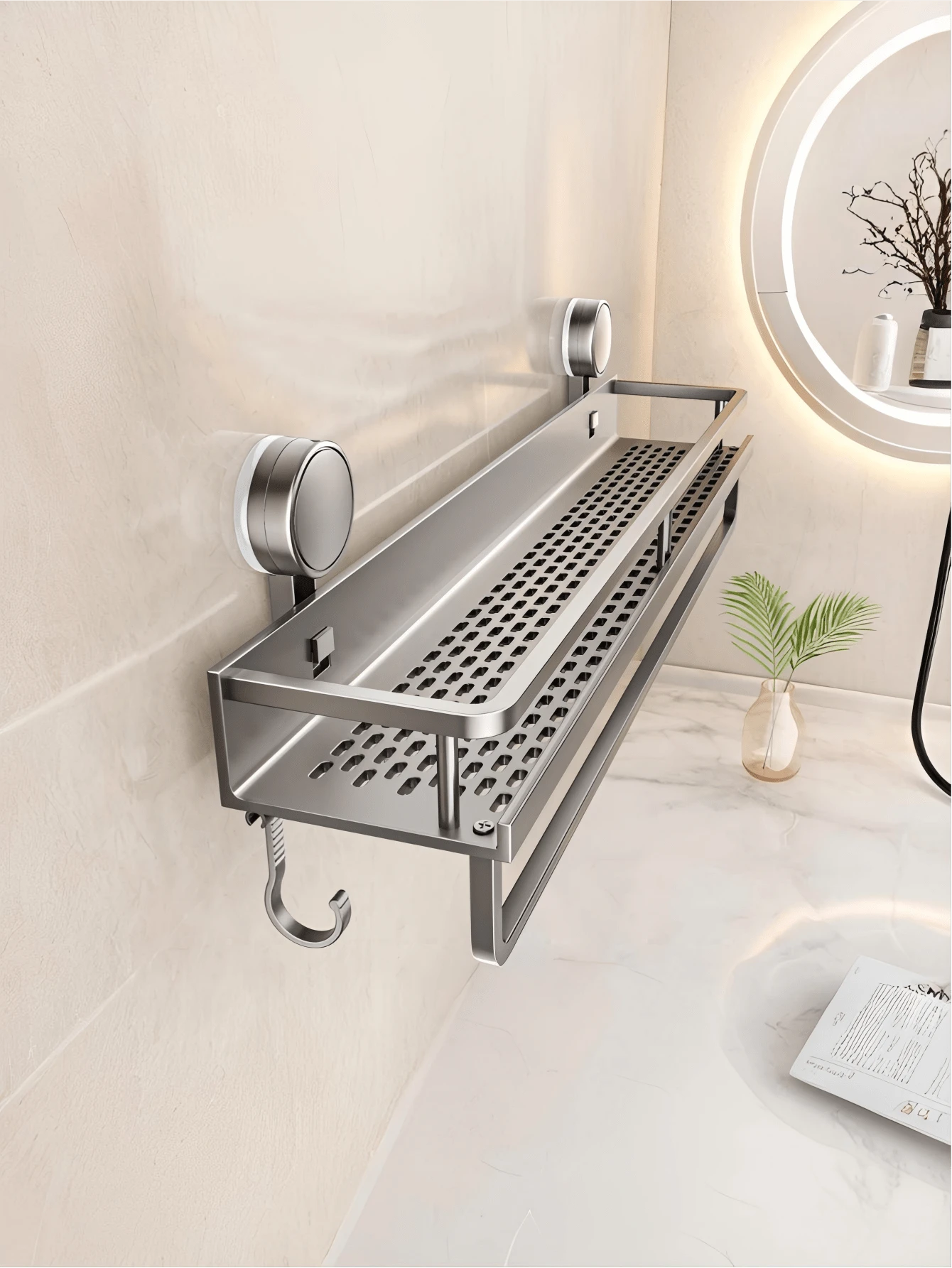1pc Suction Cup Storage Rack, No Drilling Bathroom Storage Shelf, Aluminum Shower Basket - Wall Mounted Space-Saving Organizer, Can Hold Shampoo, Conditioner And Bath Products - A - View 1