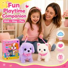 TOYSporael 2-Pack Walking Toy Pets, Plush Dog & Cat With Leashes, Cute Sounds, Wagging Tail, Soft Electronic Pet Toys For Kids - Multicolor - View 9