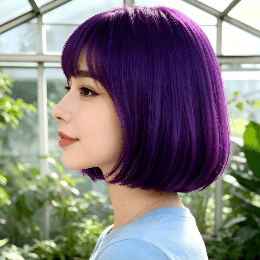 12 Inch Purple Air Bangs Short Hair Wig, High Temperature Synthetic, Suitable For Daily Wear, Cosplay, Festival Costume,Halloween - Violet Purple - View 1