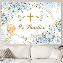 1 pièce Toile de fond de baptême à motif floral bleu, avec anneau doré et design floral bleu, convient pour le baptême, l'anniversaire, la fête de cadeaux, les événements religieux, la bannière de fête, la décoration de fête d'anniversaire, la décoration de table de gâteau de baptême, le fond de photographie - A - Voir 8