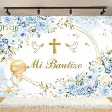 1 pièce Toile de fond de baptême à motif floral bleu, avec anneau doré et design floral bleu, convient pour le baptême, l'anniversaire, la fête de cadeaux, les événements religieux, la bannière de fête, la décoration de fête d'anniversaire, la décoration de table de gâteau de baptême, le fond de photographie - A - Voir 6