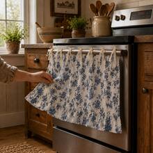 1pc Vintage Blue Floral Oven Curtain, 100% Polyester Fabric With Lace Tie Top And Ruffle Hem, Short Kitchen Tier Curtain, Oil-Resistant Decorative Cover, Suitable For Stove Oven, Open Cabinets And Small Windows, French Country Home Decor - Blue - View 2