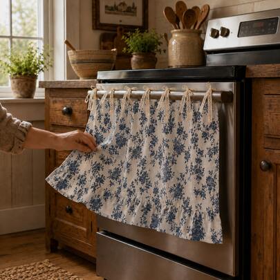 1 pieza Cortina vintage azul con flores para horno, tela 100% poliéster con lazo de encaje en la parte superior y dobladillo con volantes, cortina corta de cocina, cubierta decorativa resistente al aceite, adecuada para estufa, horno, gabinetes abiertos y ventanas pequeñas, decoración del hogar estilo francés