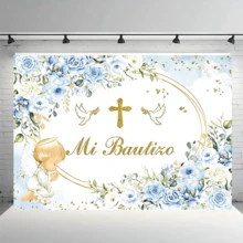 1 pièce Toile de fond de baptême à motif floral bleu, avec anneau doré et design floral bleu, convient pour le baptême, l'anniversaire, la fête de cadeaux, les événements religieux, la bannière de fête, la décoration de fête d'anniversaire, la décoration de table de gâteau de baptême, le fond de photographie - A - Voir 4