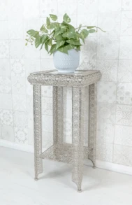 DOWNTON INTERIORS UK Silver Embossed Metal Glass Moroccan Style Lamp Plant Table - Silver - View 1
