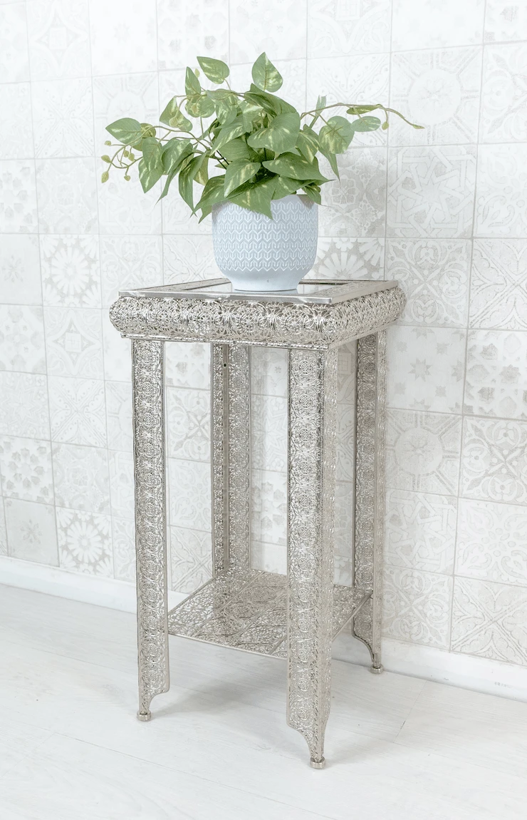 DOWNTON INTERIORS UK Silver Embossed Metal Glass Moroccan Style Lamp Plant Table - Silver - View 1