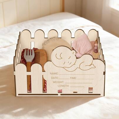1pc "Hello World" Wooden Newborn Storage Basket With Announcement Board, Name Date Time Weight Tracker, Wooden Newborn Milestone Markers, Photography Milestone Cards, Sleep Newborn Cloud Design, Bohemian Style, Perfect As Newborn Gift And Room Decor