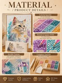 Customized Pet Photo 5D Diamond Painting Kit, Personalized Watercolor Cat Portrait Diamond Art, With Round/Square Rhinestones, DIY Acrylic Canvas Wall Decor, Pet Lover Birthday Christmas Home Decor Gift - Multicolor - View 7