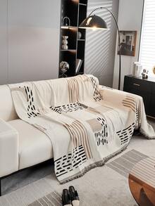 1 pièce Jeté de canapé en chenille à rayures géométriques avec franges, motif de lignes géométriques, couverture de canapé lavable en machine toutes saisons, housse de canapé anti-poussière et résistante aux griffes de chat, convient pour la décoration minimaliste, crème, moderne et simple de la maison, parfait pour le salon et la chambre à coucher - Kaki - Voir 8