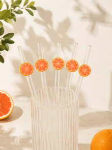 1pc/2pcs/5pcs Reusable Glass Straws With Cute Orange Slice Decor, Fresh Aesthetic Transparent Drinking Straws, Suitable For Cold Drinks, Milkshakes, Sparkling Water, Milk Tea And Juices, Perfect For Summer Parties, Picnics And Camping, Great Gift For Girls - Style G - View 7