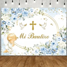 1 pièce Toile de fond de baptême à motif floral bleu, avec anneau doré et design floral bleu, convient pour le baptême, l'anniversaire, la fête de cadeaux, les événements religieux, la bannière de fête, la décoration de fête d'anniversaire, la décoration de table de gâteau de baptême, le fond de photographie - A - Voir 2