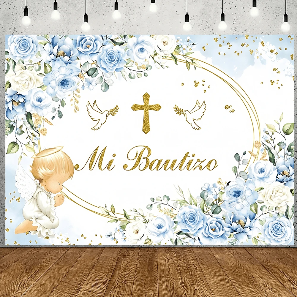 1 pièce Toile de fond de baptême à motif floral bleu, avec anneau doré et design floral bleu, convient pour le baptême, l'anniversaire, la fête de cadeaux, les événements religieux, la bannière de fête, la décoration de fête d'anniversaire, la décoration de table de gâteau de baptême, le fond de photographie
