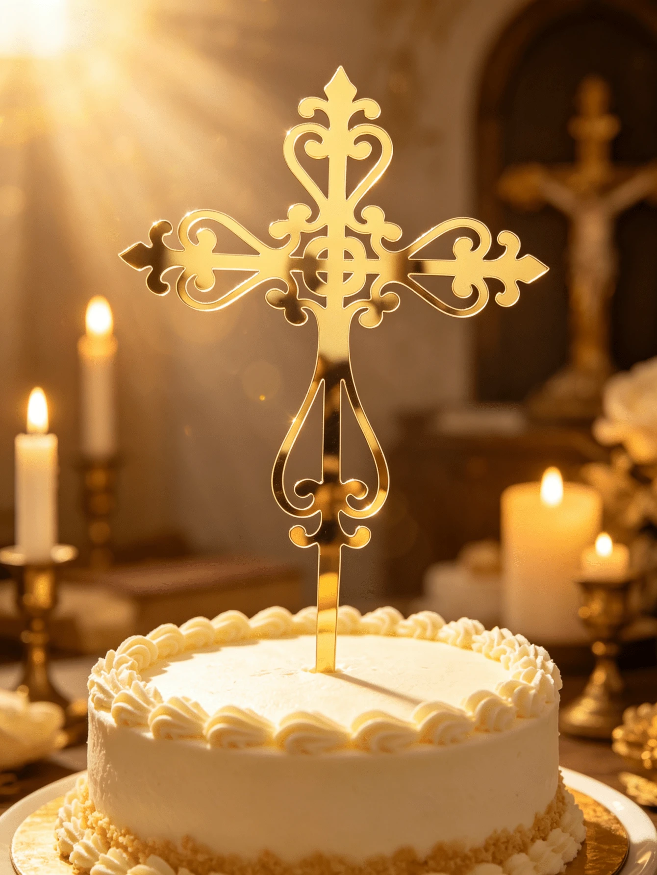 3pcs Golden Acrylic Communion Cake Top-Cross Design, Ideal For Baptism, Confirmation, Communion And Baby Gathering, Multiple Religious Cake Decorations, Religious Event Decorations | Elegant Cake Top | Durable Cake Decorations, Christian Cake Pack - StyleB - View 1