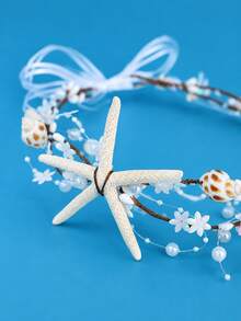 Bohemian Ocean Style Mermaid Headband, Realistic Starfish & Pearl Bridal Hair Hoop, Versatile Ocean-Themed Bridal Accessory For Wedding Dress Photoshoot - Multicolor - View 6